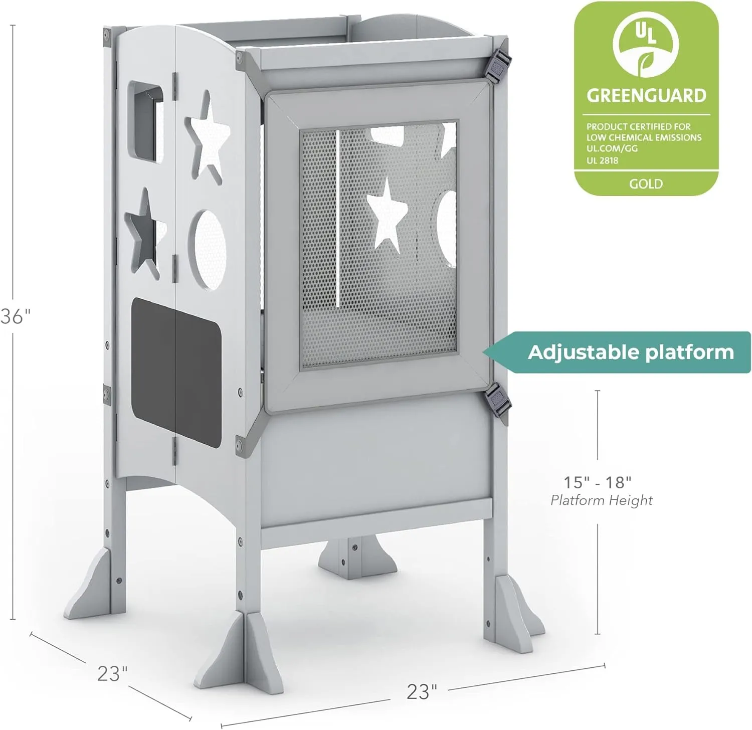 Classic Kitchen Helper® Toddler Tower - Gray: Folding, Adjustable Height, Learning Step Stool for Kids, W/Chalkboard | Montessori Collapsible Safety Non-Slip Platform