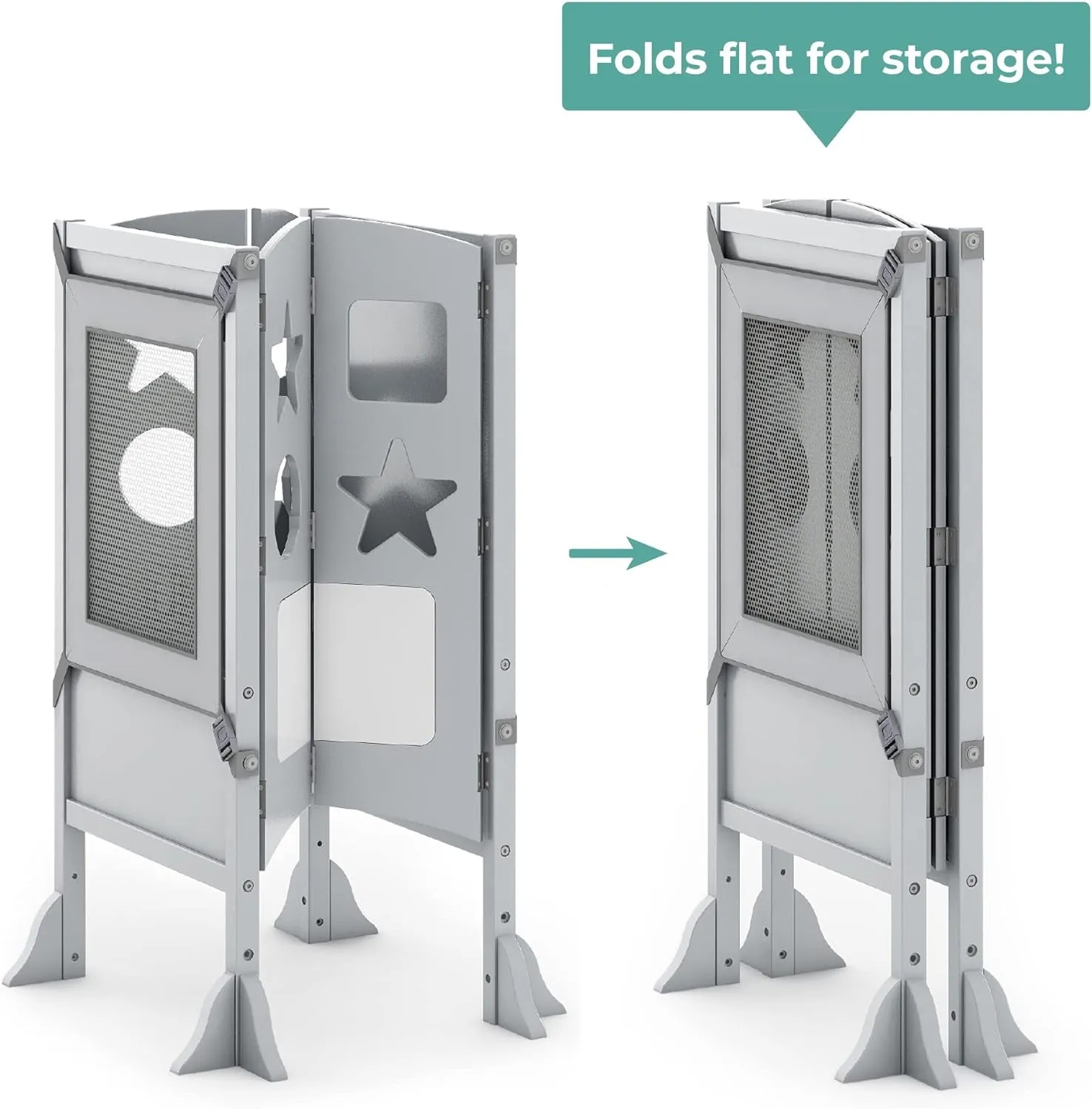 Classic Kitchen Helper® Toddler Tower - Gray: Folding, Adjustable Height, Learning Step Stool for Kids, W/Chalkboard | Montessori Collapsible Safety Non-Slip Platform