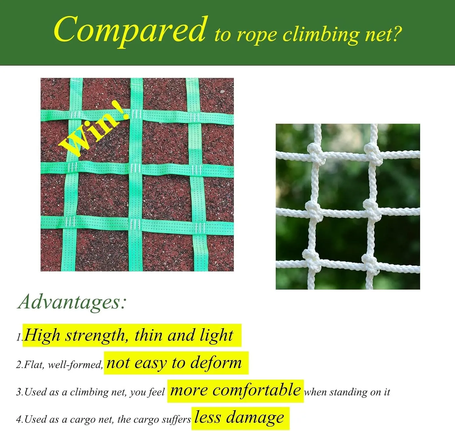Climbing Cargo Net,Outdoor Ninja Obstacle Net for Kids Backyard,Indoor Rope Ladder Playground Swing Set Treehouse Netting Webbing Climbing Heavy Duty Nets,Accessories for Slacklines,Green
