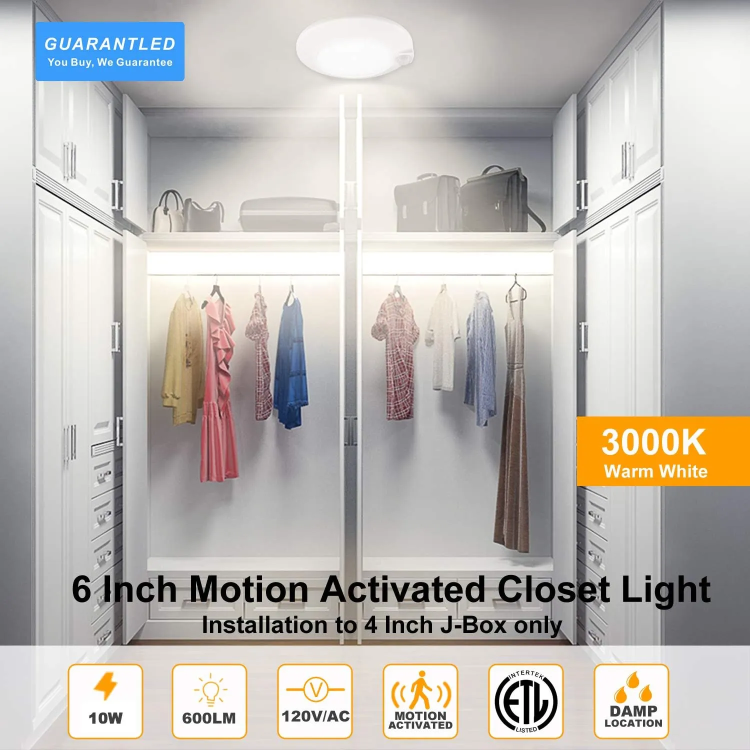 Closet Lights Motion Sensored Indoor Ceiling Mount LED-10W 3000K Closet Stair Porch Ceiling Pantry Motion Activated Light 6-7/8 Inch 90CRI 600lm Hardwire to Junction Box, No Battery, Damp Rated 4 Pack