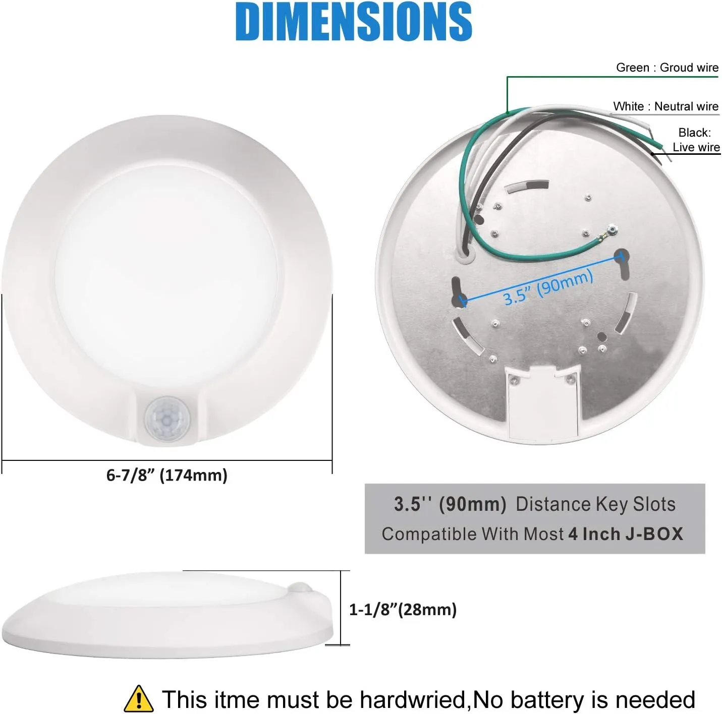 Closet Lights Motion Sensored Indoor Ceiling Mount LED-10W 3000K Closet Stair Porch Ceiling Pantry Motion Activated Light 6-7/8 Inch 90CRI 600lm Hardwire to Junction Box, No Battery, Damp Rated 4 Pack