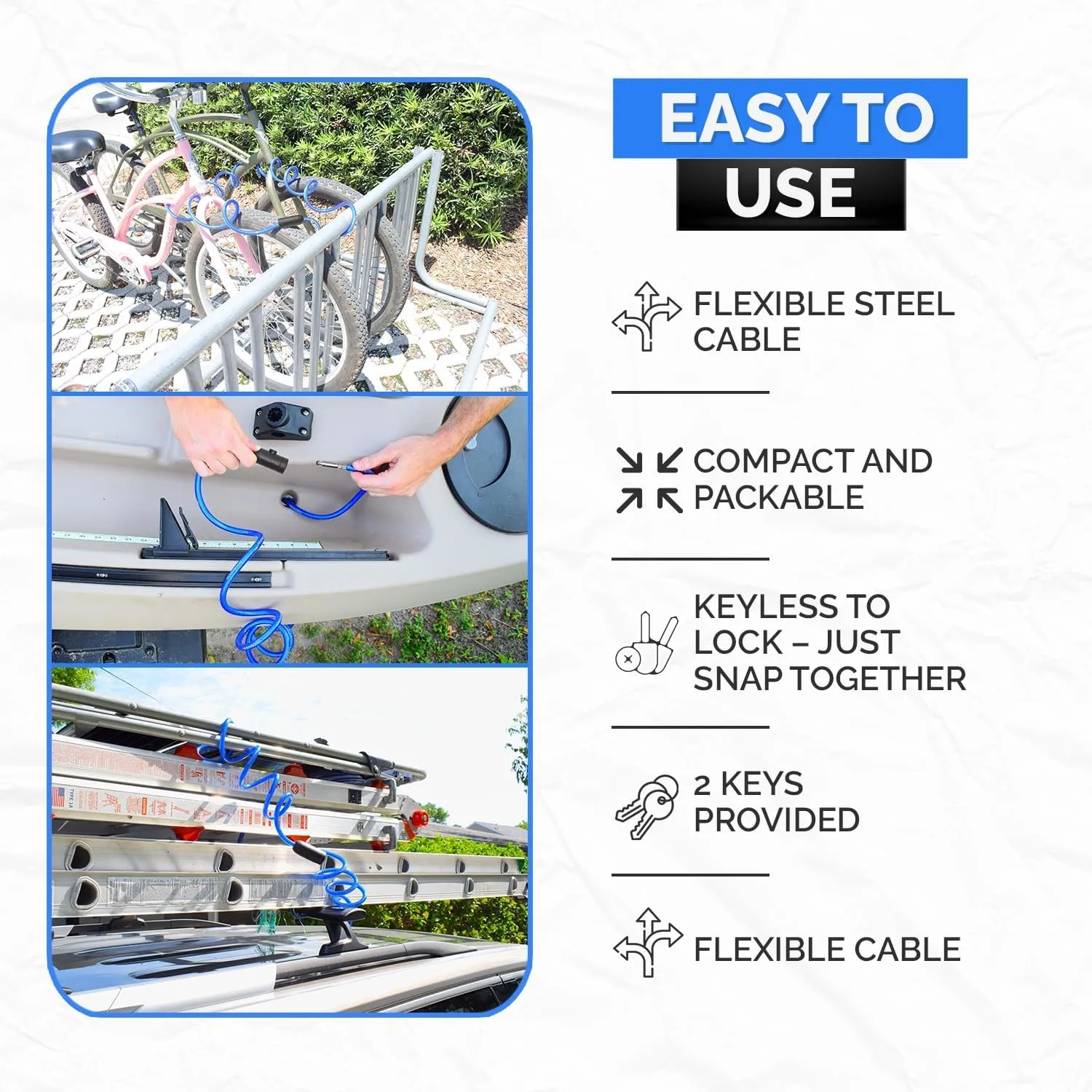 Coiled Security Cable with Key Lock (5’, 10’, 15’, 20’ or 25’ Lengths), Weatherproof Multi-Purpose Anti-Theft Protection for Kayaks, Bikes, Paddleboards, Scooters, Equipment and More 20ft
