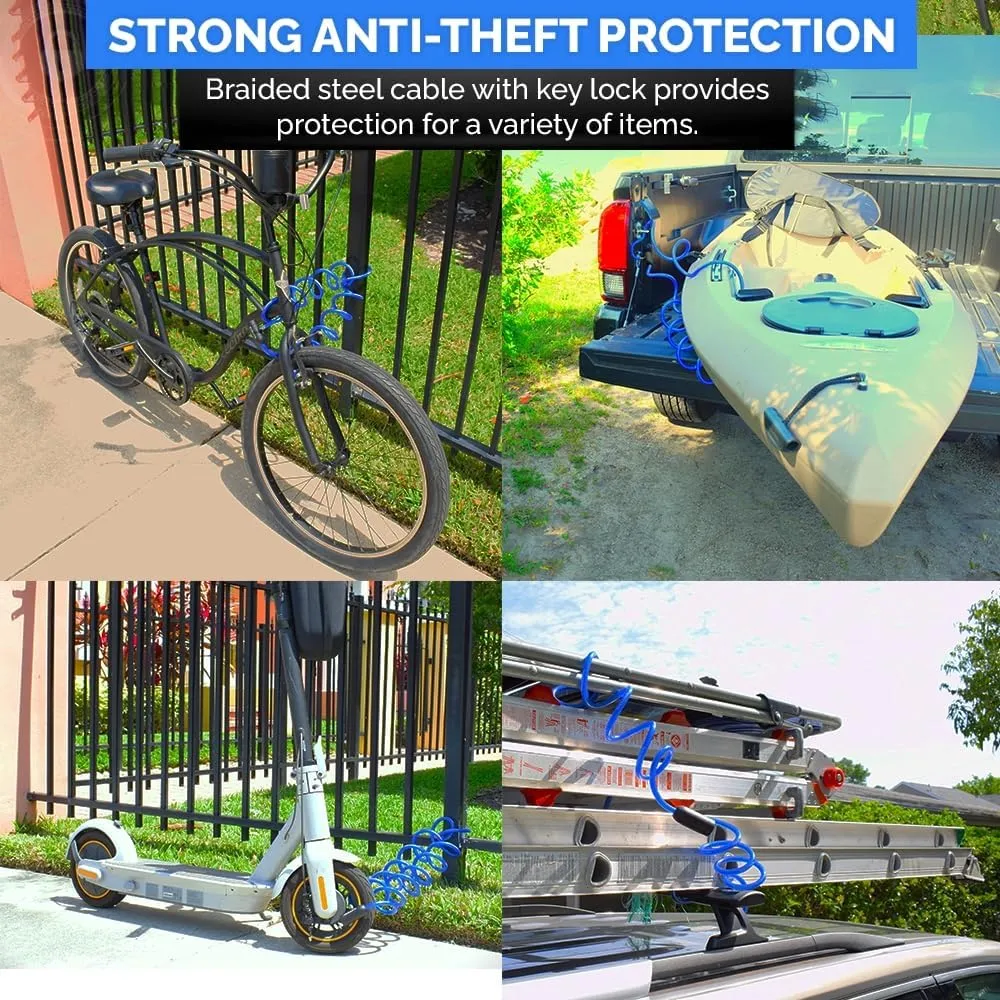Coiled Security Cable with Key Lock (5’, 10’, 15’, 20’ or 25’ Lengths), Weatherproof Multi-Purpose Anti-Theft Protection for Kayaks, Bikes, Paddleboards, Scooters, Equipment and More 20ft