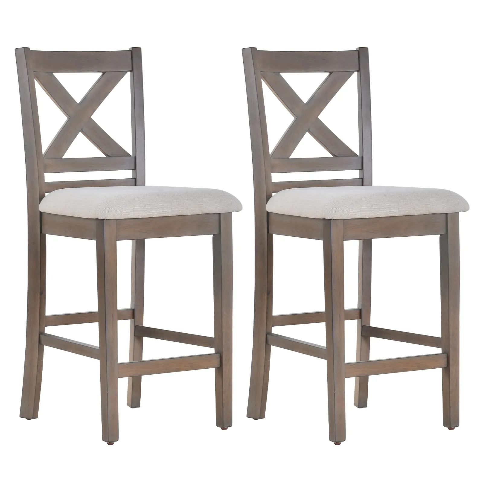 COLAMY Wooden Bar Stools Set of 2, Counter Height Bar Stools, Mid Century Modern Bar Stools with Backs, 25 Inch Upholstered Fabric Wooden Barstools for Kitchen Island Dining Room Bar, Light Brown Wash