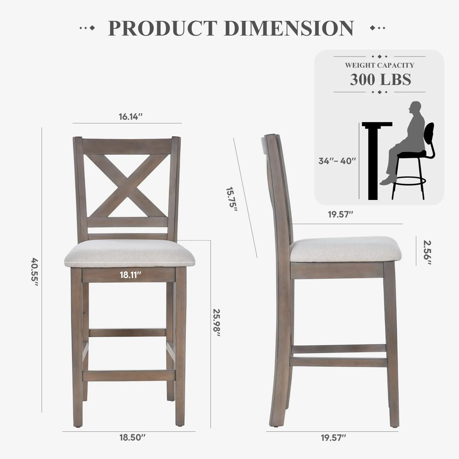 COLAMY Wooden Bar Stools Set of 2, Counter Height Bar Stools, Mid Century Modern Bar Stools with Backs, 25 Inch Upholstered Fabric Wooden Barstools for Kitchen Island Dining Room Bar, Light Brown Wash