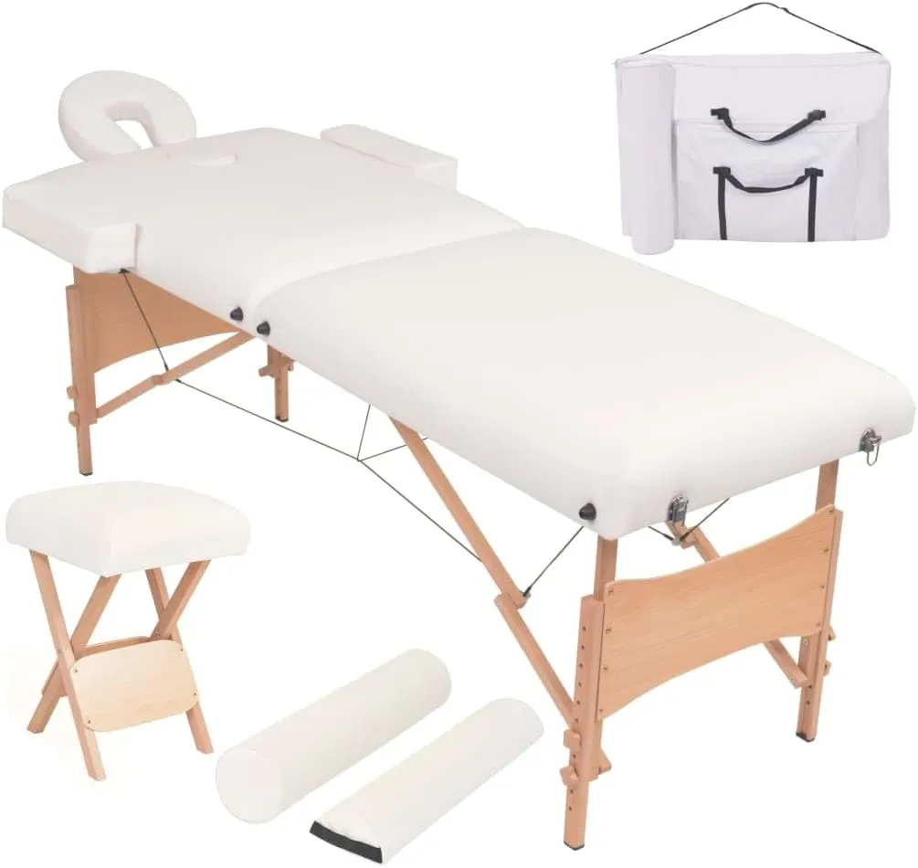 Comfortable and Convenient 2-Zone Folding Massage Table and Stool Set, Height Adjustable, 3.9" Thick Foam, White
