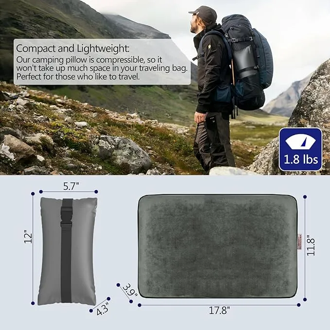 Compressible Camping Pillow, Memory Foam Pillow for Backpacking, Travel -Neck Lumbar Support, Lightweight Compact Pillow with Washable Pillowcase- Hiking Essential -Gray