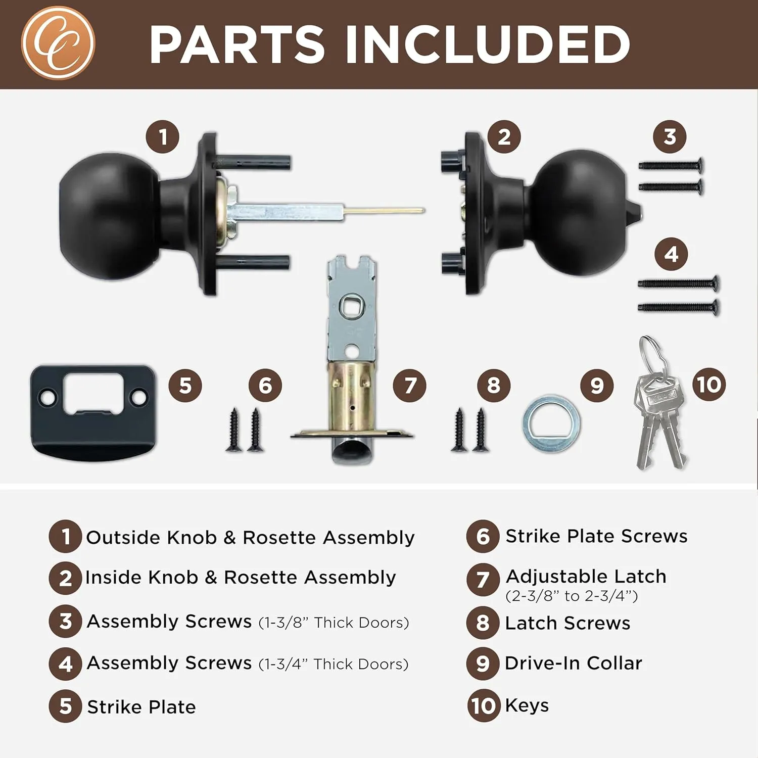 Copper Creek Matte Black Door Knobs - Keyed Entry Function, Locking Door Knob with Key, Locking Interior/Exterior Door Handle, Lockable Door Knob for Bedroom, Bathroom, and Room Doors - 2 Pack