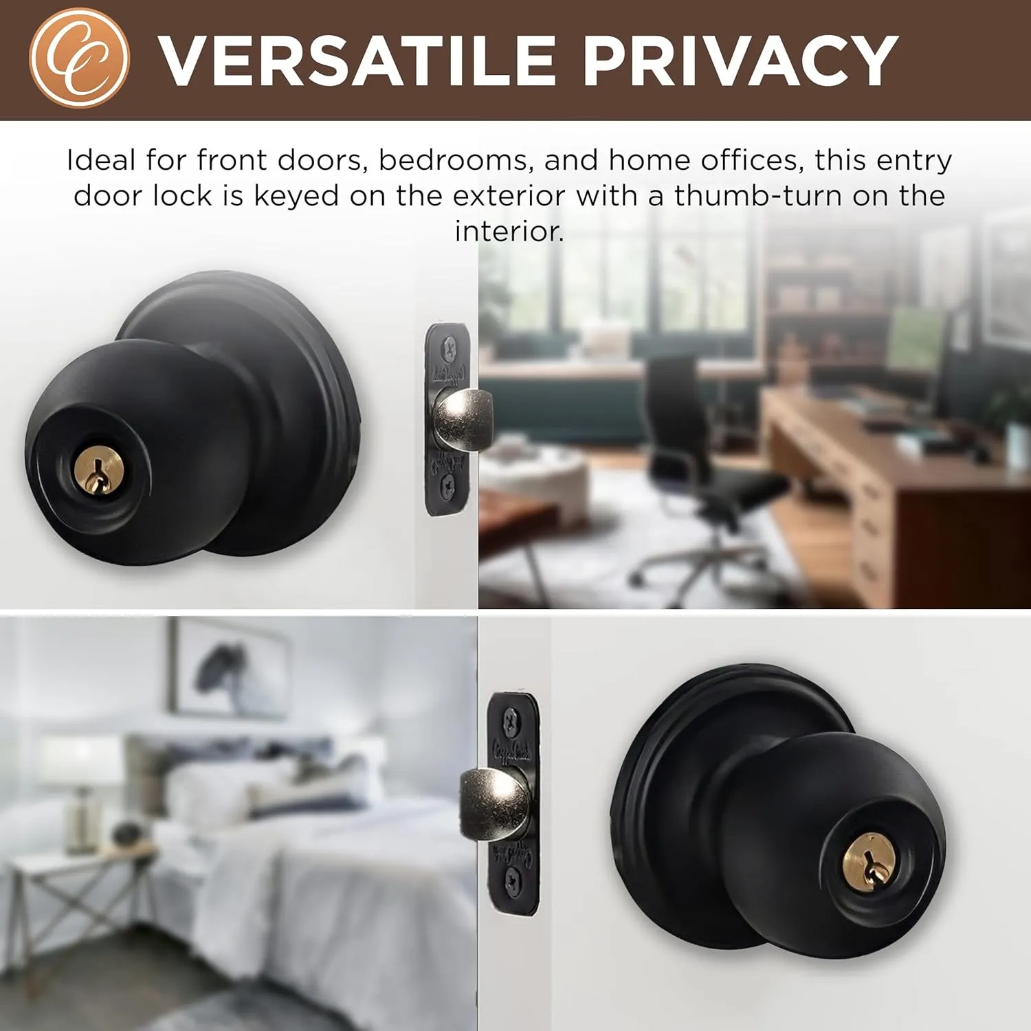 Copper Creek Matte Black Door Knobs - Keyed Entry Function, Locking Door Knob with Key, Locking Interior/Exterior Door Handle, Lockable Door Knob for Bedroom, Bathroom, and Room Doors - 2 Pack