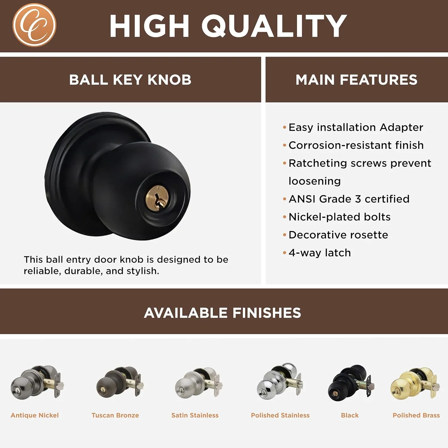 Copper Creek Matte Black Door Knobs - Keyed Entry Function, Locking Door Knob with Key, Locking Interior/Exterior Door Handle, Lockable Door Knob for Bedroom, Bathroom, and Room Doors - 2 Pack