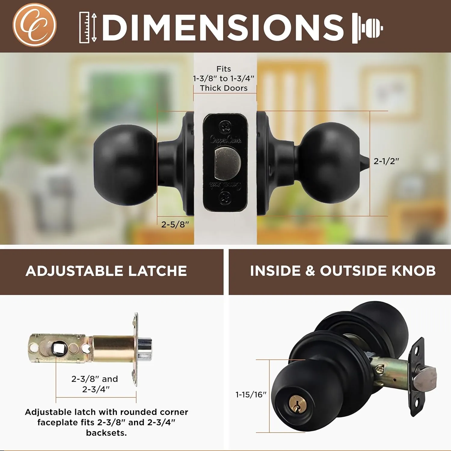 Copper Creek Matte Black Door Knobs - Keyed Entry Function, Locking Door Knob with Key, Locking Interior/Exterior Door Handle, Lockable Door Knob for Bedroom, Bathroom, and Room Doors - 2 Pack