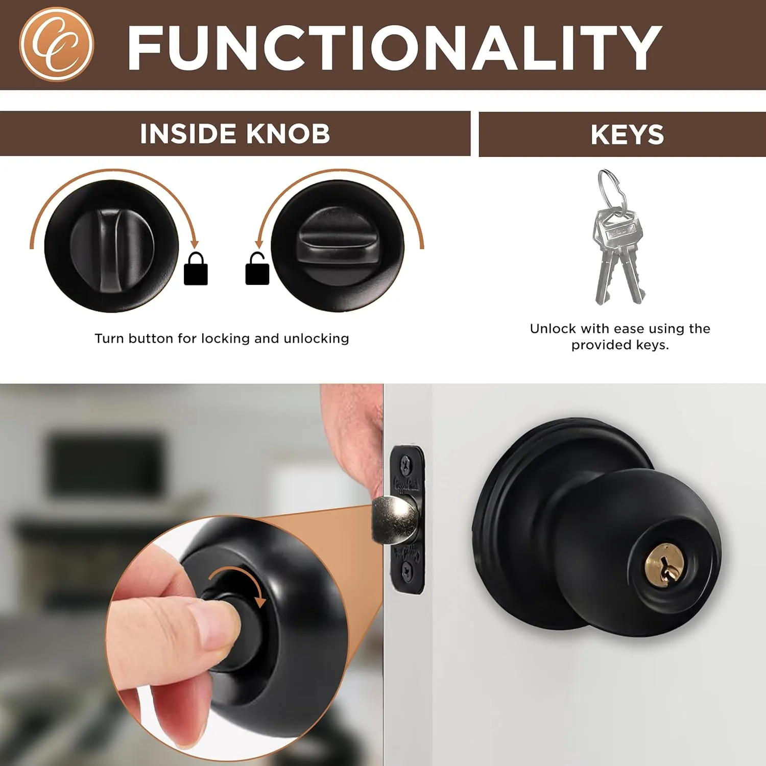 Copper Creek Matte Black Door Knobs - Keyed Entry Function, Locking Door Knob with Key, Locking Interior/Exterior Door Handle, Lockable Door Knob for Bedroom, Bathroom, and Room Doors - 2 Pack