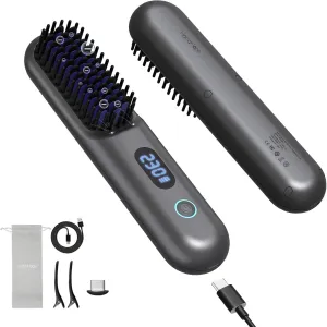 Cordless Hair Straightener Brush -Portable Mini Hair Straightener Comb, Dual Voltage Travel Straightening Brush with 9 Temp-Settings，Ultra-Lightweight & Travel-Ready, Grey