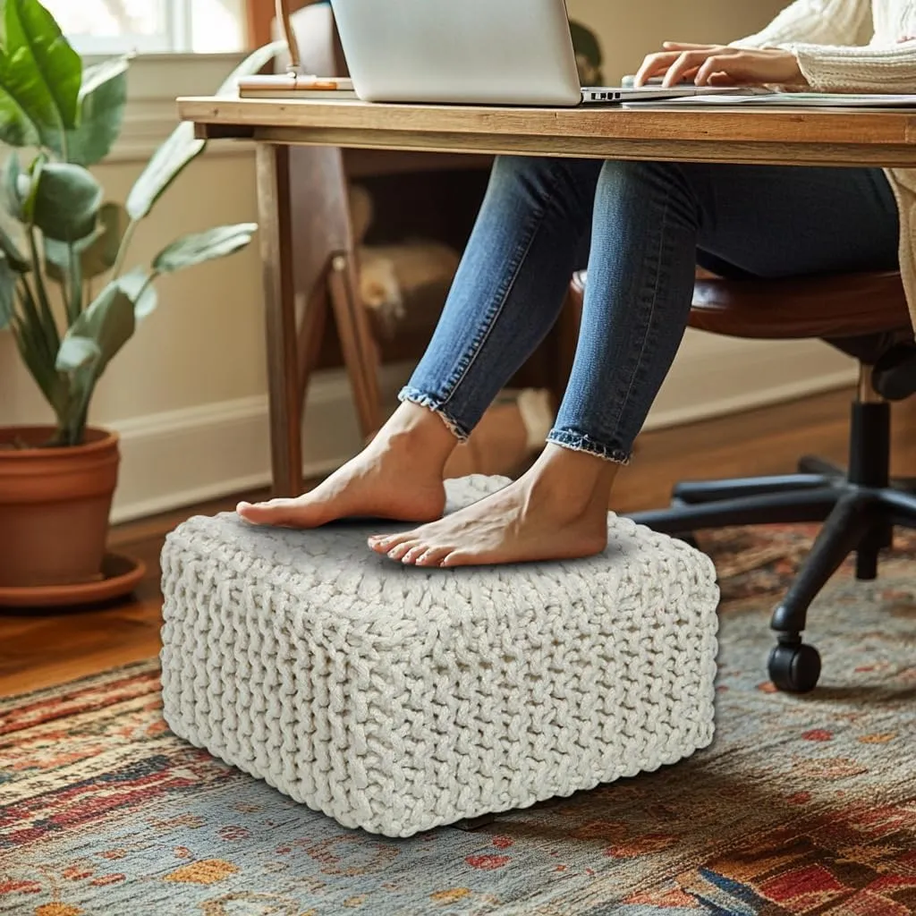 COTTON CRAFT Braided Footrest - Handknitted Cotton Cord Dori Foot Stool Ottoman - Low Floor Pouf - Lightweight Portable - Small Spaces Living Room Bedroom Entryway Under Desk - 14 x 8 Square - Ivory