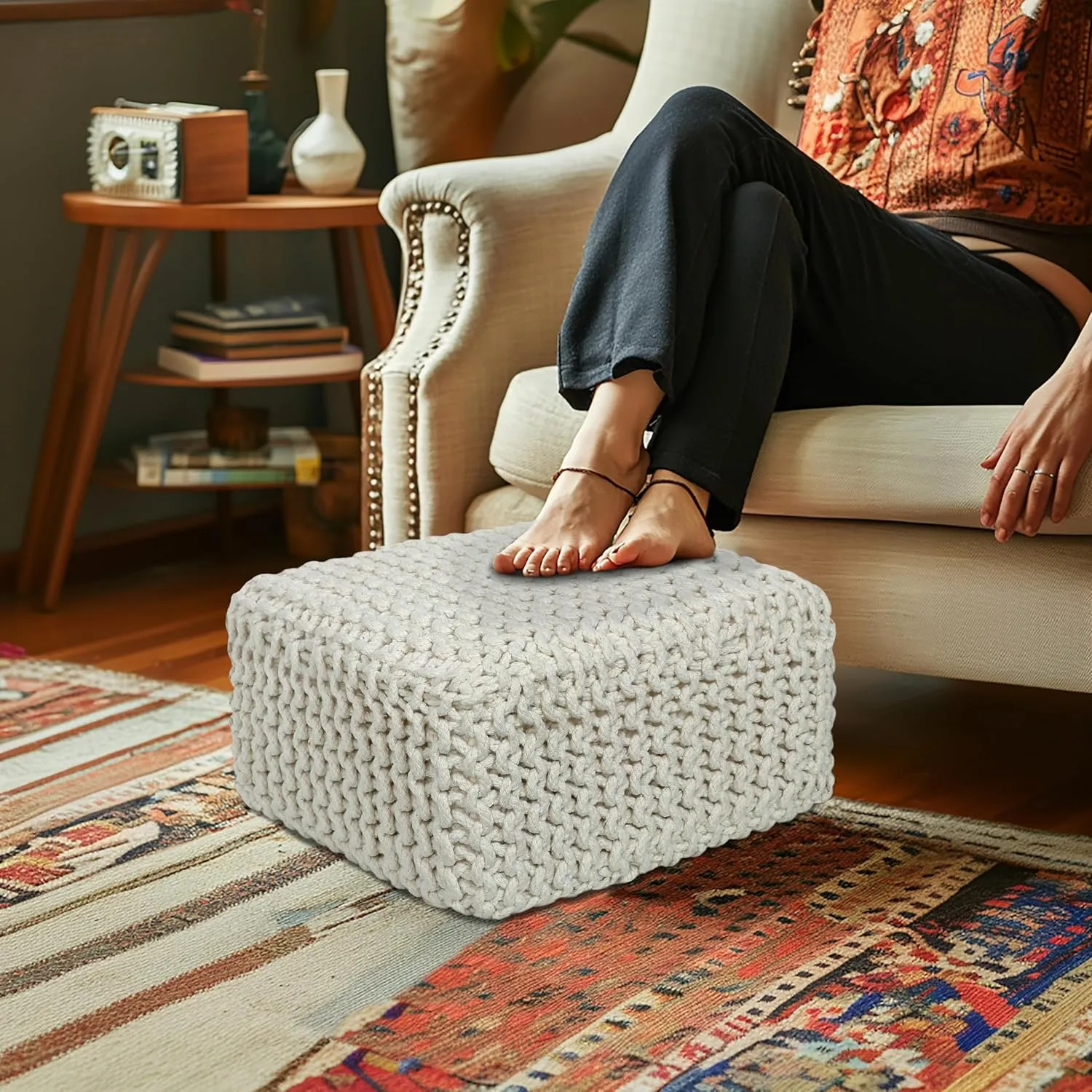 COTTON CRAFT Braided Footrest - Handknitted Cotton Cord Dori Foot Stool Ottoman - Low Floor Pouf - Lightweight Portable - Small Spaces Living Room Bedroom Entryway Under Desk - 14 x 8 Square - Ivory