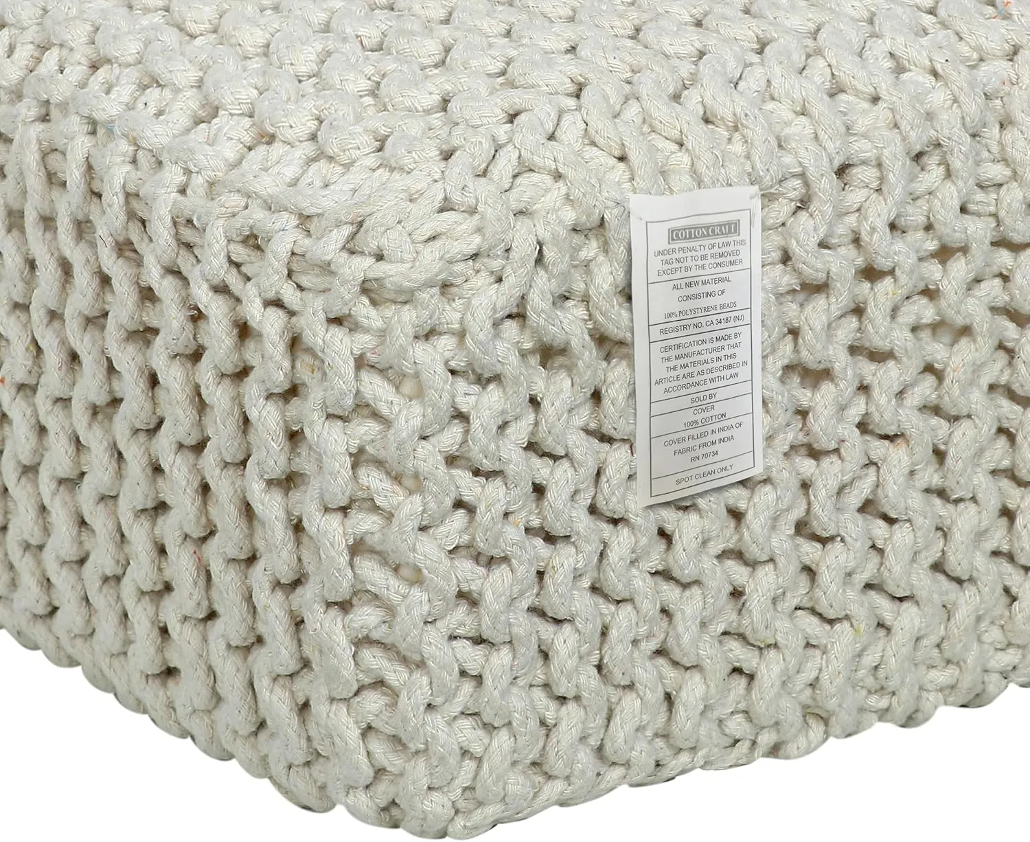COTTON CRAFT Braided Footrest - Handknitted Cotton Cord Dori Foot Stool Ottoman - Low Floor Pouf - Lightweight Portable - Small Spaces Living Room Bedroom Entryway Under Desk - 14 x 8 Square - Ivory