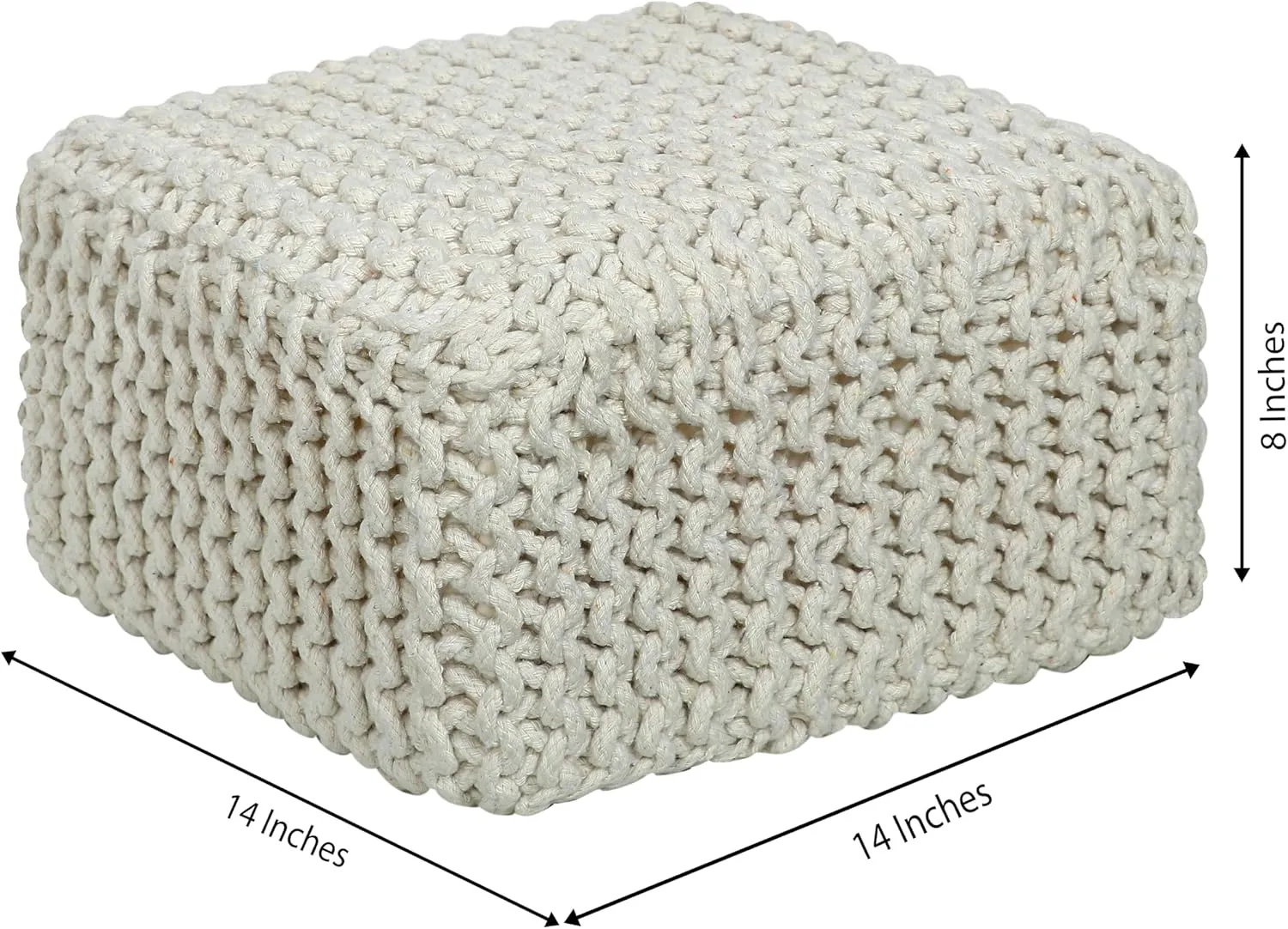COTTON CRAFT Braided Footrest - Handknitted Cotton Cord Dori Foot Stool Ottoman - Low Floor Pouf - Lightweight Portable - Small Spaces Living Room Bedroom Entryway Under Desk - 14 x 8 Square - Ivory