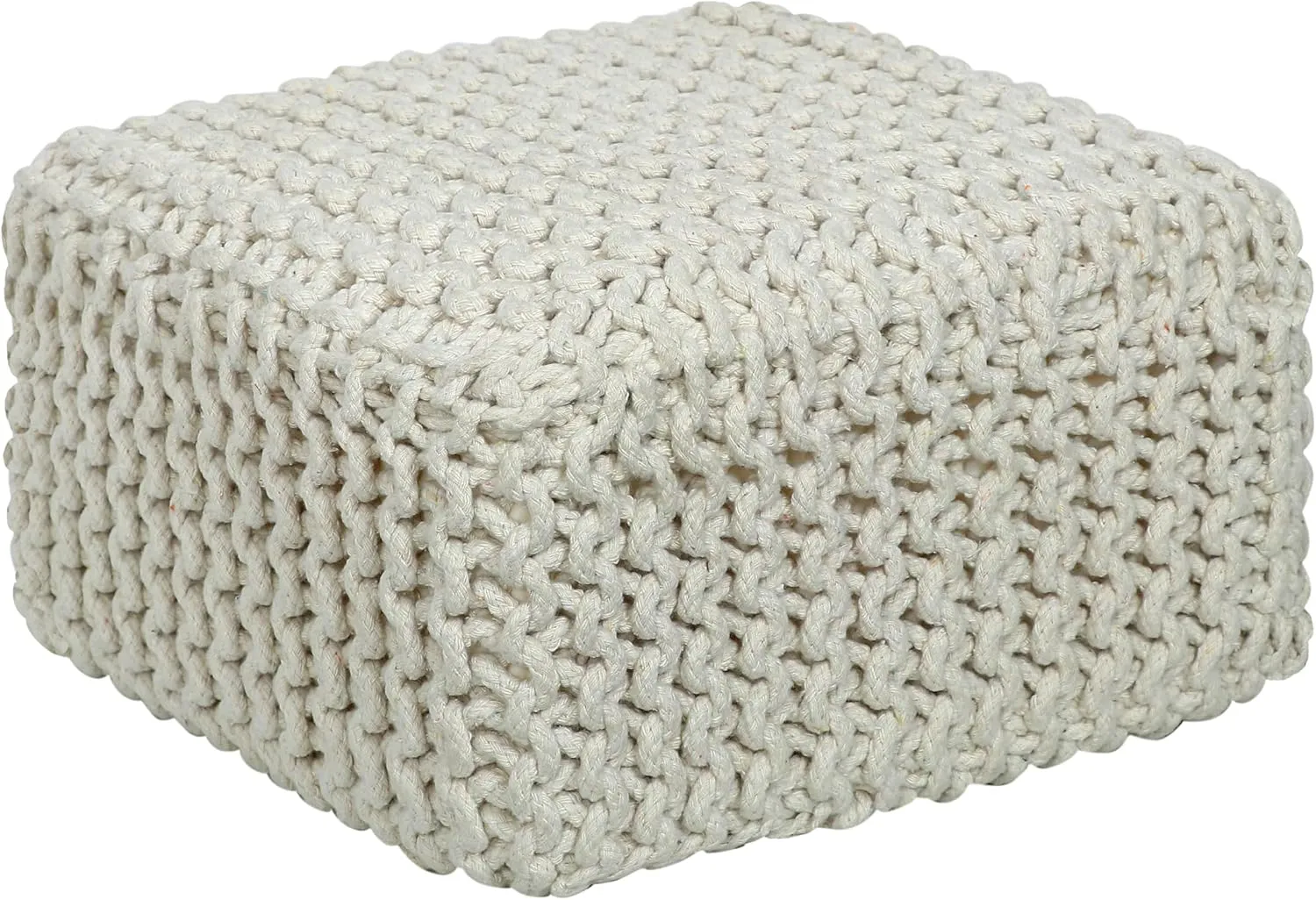 COTTON CRAFT Braided Footrest - Handknitted Cotton Cord Dori Foot Stool Ottoman - Low Floor Pouf - Lightweight Portable - Small Spaces Living Room Bedroom Entryway Under Desk - 14 x 8 Square - Ivory