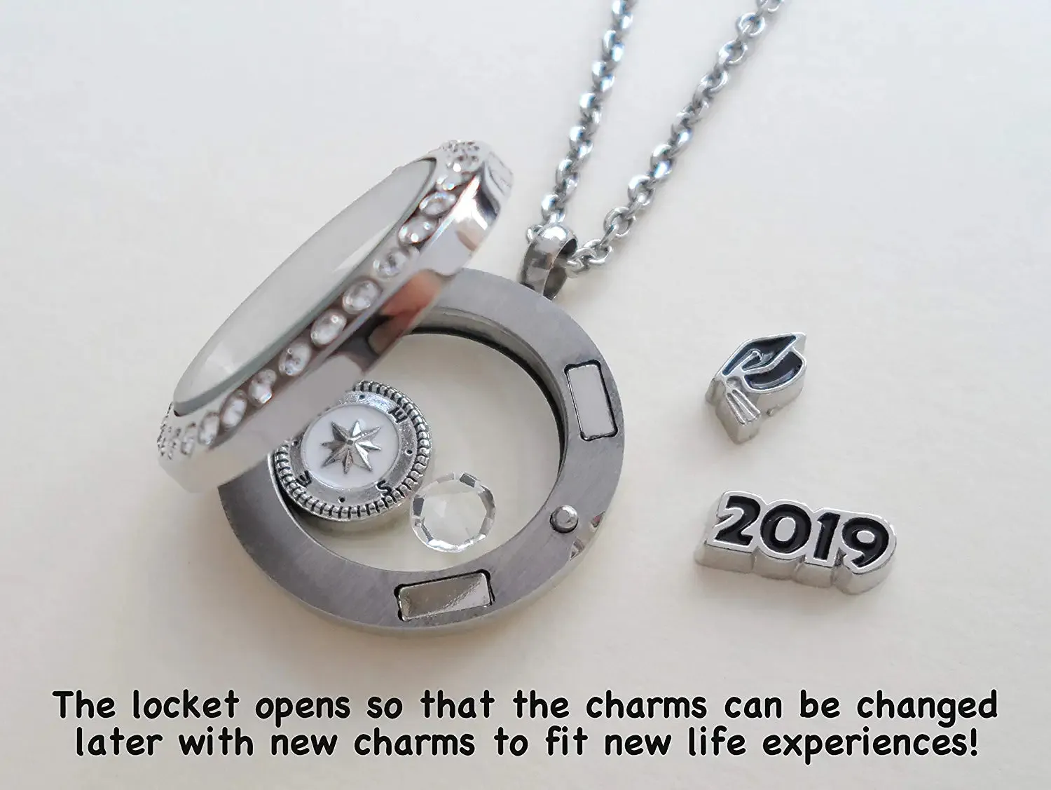 Custom 2025 Graduate Circle Floating Charm Locket Necklace with Engraved Disc Charm, Stainless Steel Locket, Graduation Gift, Good Luck on the Path Ahead