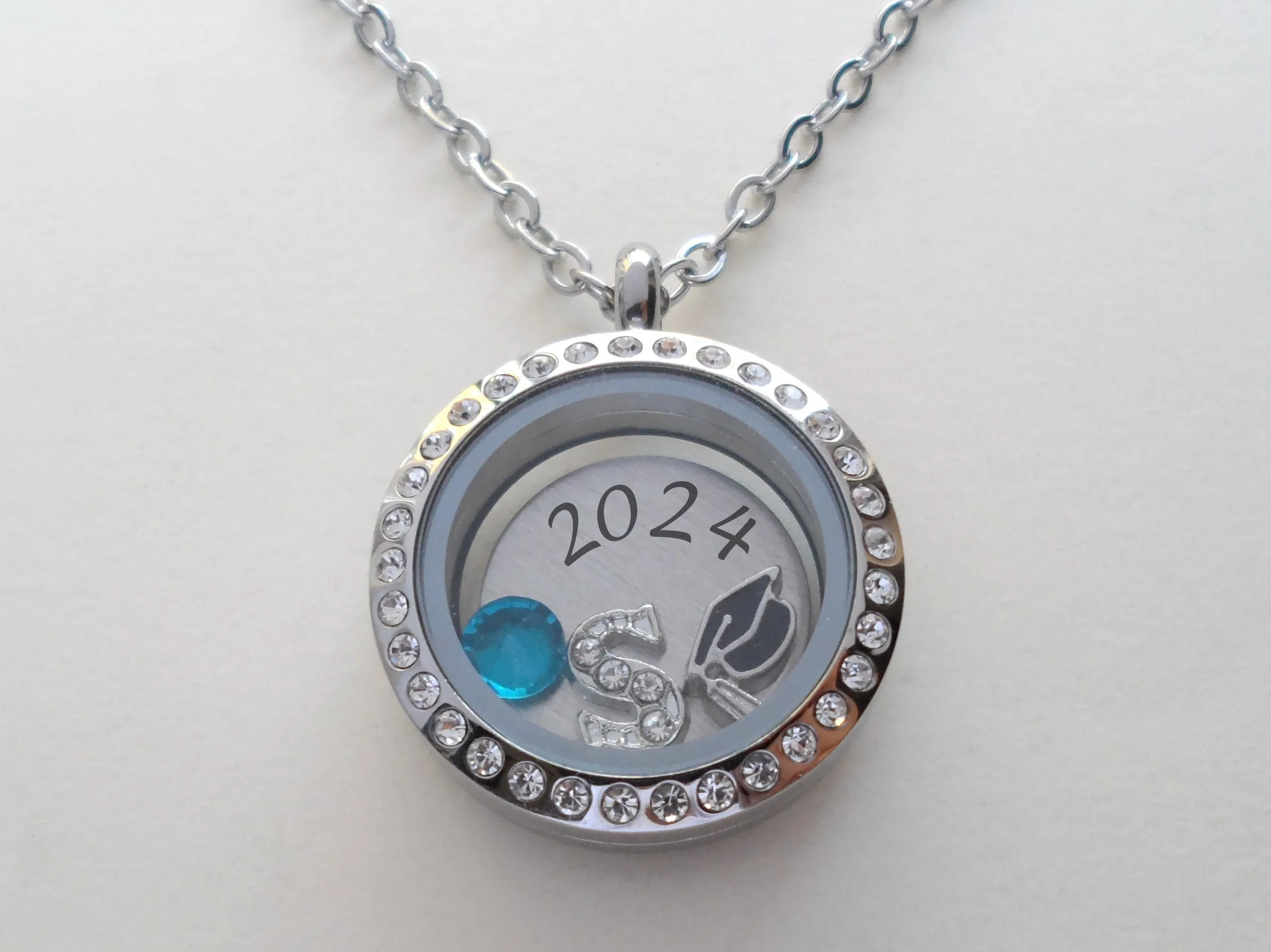 Custom 2025 Graduate Circle Floating Charm Locket Necklace with Engraved Disc Charm, Stainless Steel Locket, Graduation Gift, Good Luck on the Path Ahead