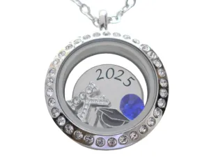 Custom 2025 Graduate Circle Floating Charm Locket Necklace with Engraved Disc Charm, Stainless Steel Locket, Graduation Gift, Good Luck on the Path Ahead