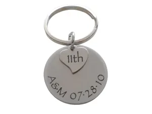 Custom Engraved Stainless Steel Disc Keychain with Heart Tag for Couples 11 Year Anniversary Gift Keychain, Add Backside Engraving