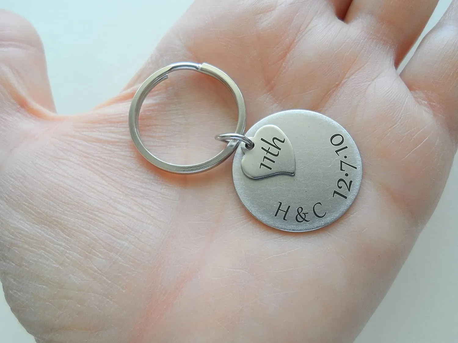 Custom Engraved Stainless Steel Disc Keychain with Heart Tag for Couples 11 Year Anniversary Gift Keychain, Add Backside Engraving