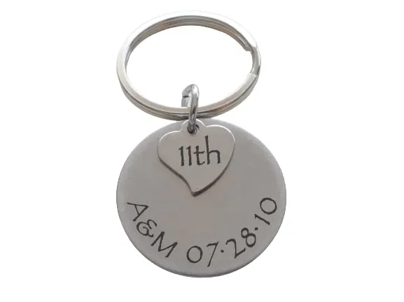 Custom Engraved Stainless Steel Disc Keychain with Heart Tag for Couples 11 Year Anniversary Gift Keychain, Add Backside Engraving