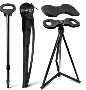 Darza Adjustable Cane with Seat - FSA/HSA Eligible, Walking Stick with Seat, Cane Stool, Lightweight Aluminum and Ergonomic Design, Includes Removable Cushion and Carry Bag with Pocket Storage