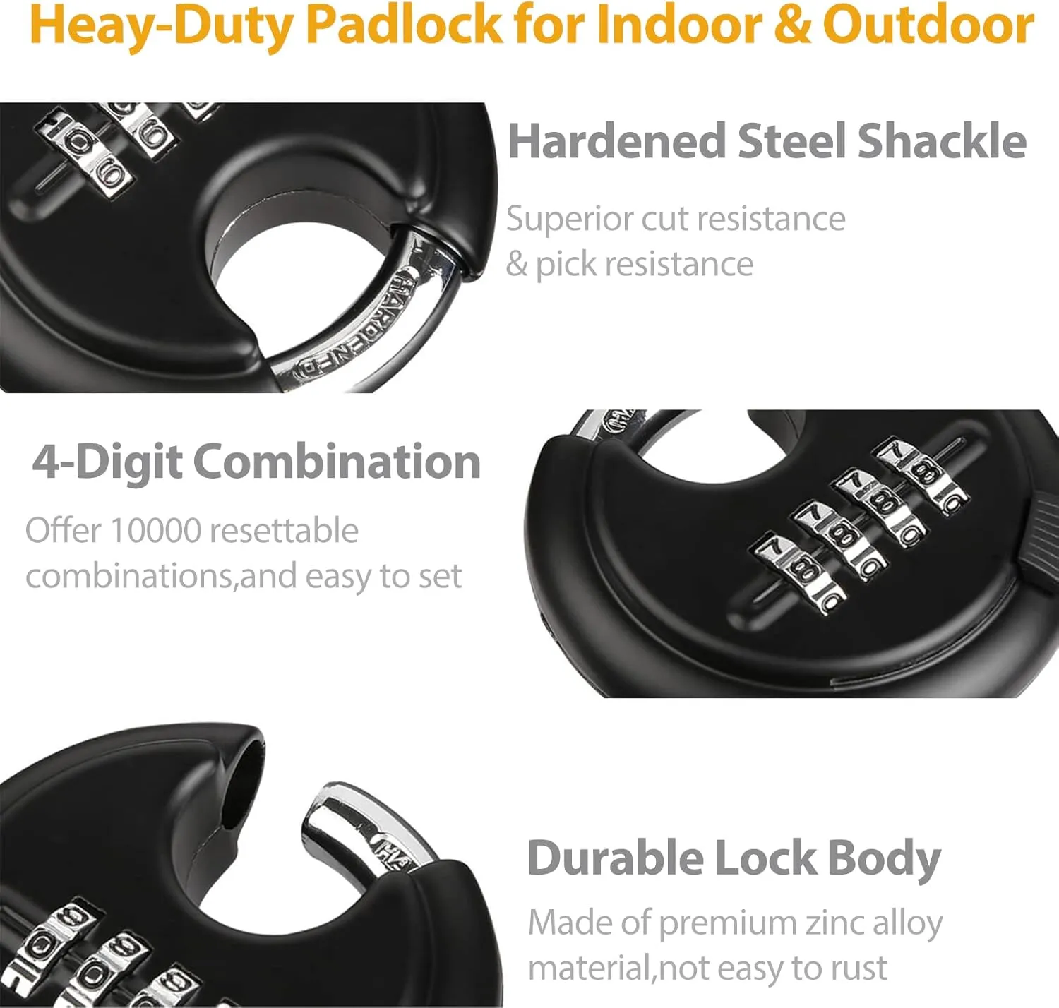 DAYGOS Combination Disc Padlocks for Outdoor - Heavy Duty 4 Digit Code Lock, Combo Discus Lock for Storage Unit,Gate,Fence,Trailer,4PCS,Black