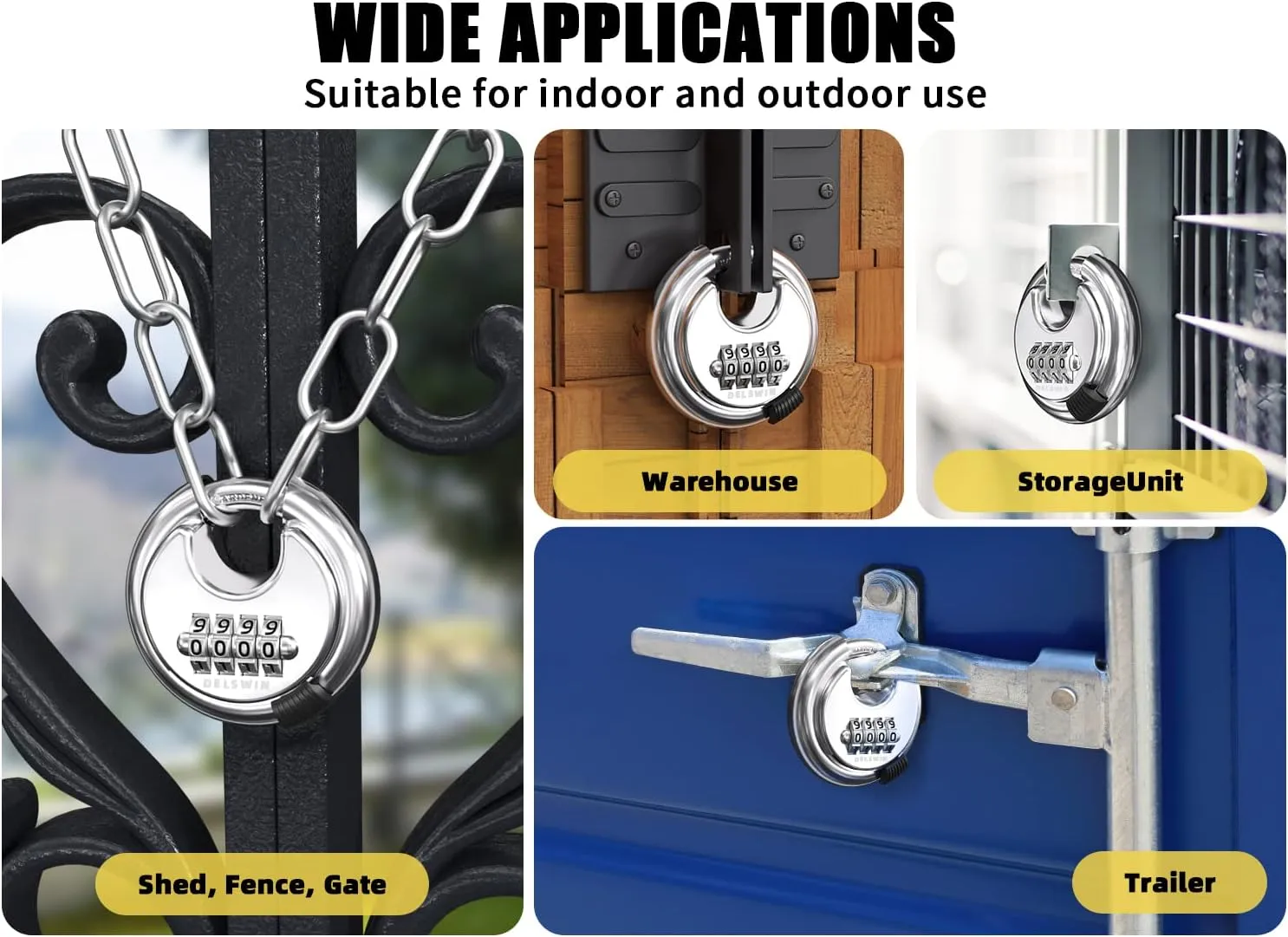 DELSWIN 4 Digit Combination Lock Disc Padlock with Hardened Steel Shackle Outdoor Combo Lock for Outdoor Gate Sheds,Storage Unit,Garage,Fence,Gym Locker(2 Pcs)