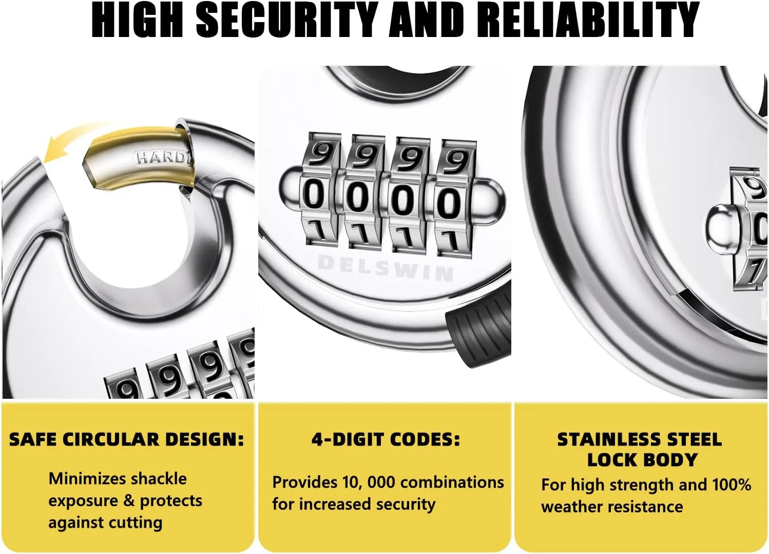 DELSWIN 4 Digit Combination Lock Disc Padlock with Hardened Steel Shackle Outdoor Combo Lock for Outdoor Gate Sheds,Storage Unit,Garage,Fence,Gym Locker(2 Pcs)