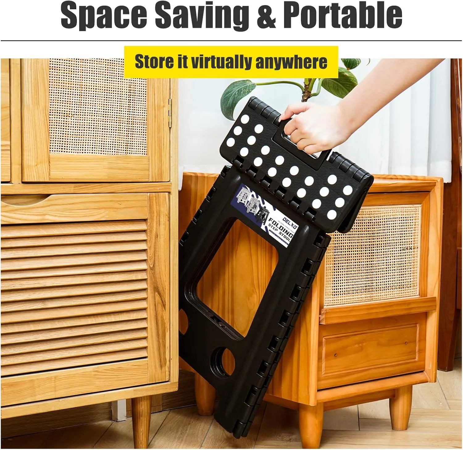 Delxo 17.5 Inch Folding Step Stool,Foldable Stool for Adults with Safety Lock,Portable Collapsible Plastic Step Stool,Non Slip Folding Stools for Kitchen Bathroom Bedroom Up to 400LBS,(Black 1PC)