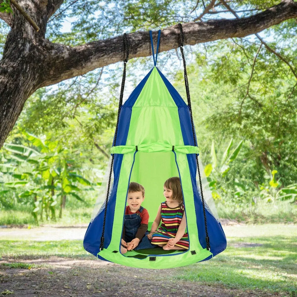 DORTALA Kids Hanging Chair Swing Tent Set, Hammock Nest Pod Hanging Swing Seat for Boys/Girls, Children Swing Play House with Detachable Play Tent, Max Capacity 330 LBS, 40", Green