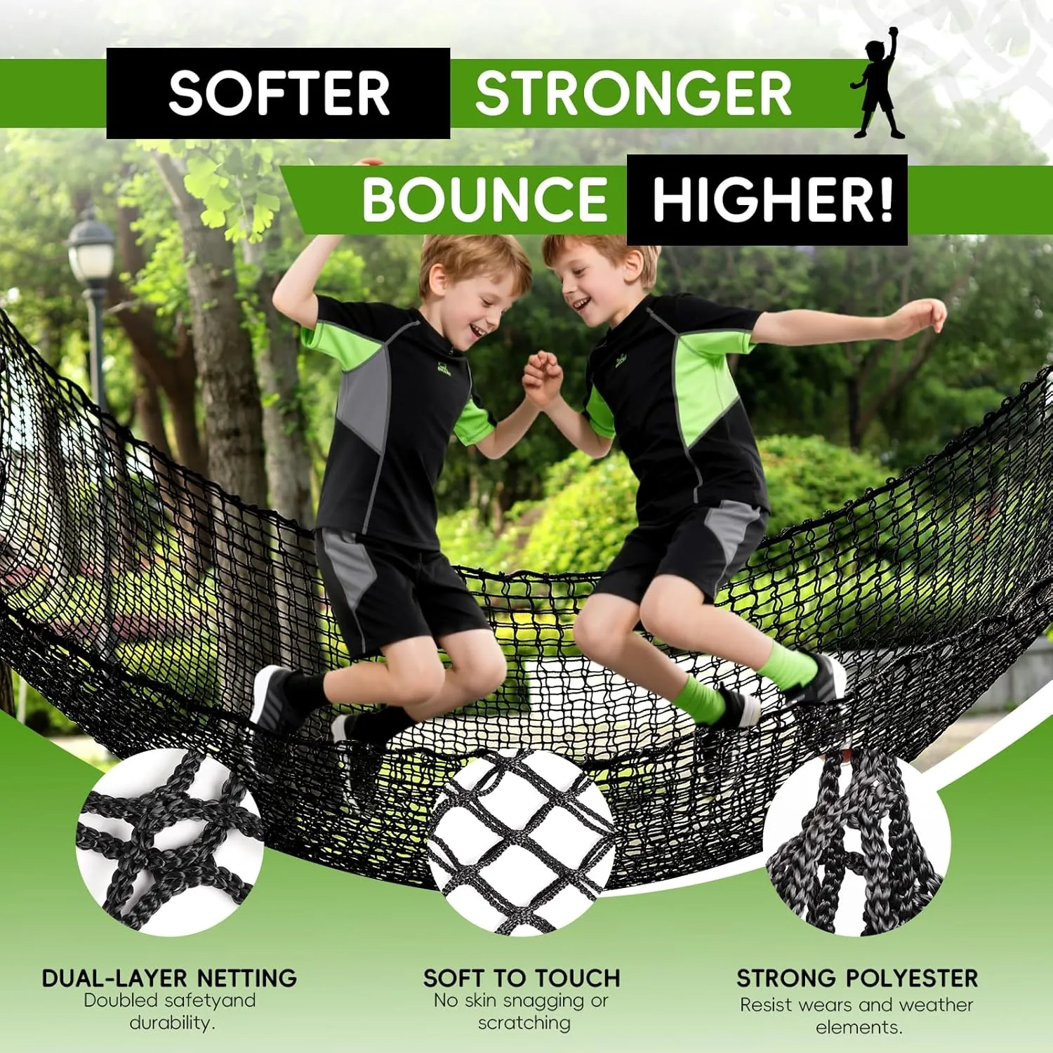 Double Layers Climbing Cargo Net - 9.9FT x 14.8FT Heavy Duty Playground Safety Net for Kids Backyard, Tree Fort & Jungle Gyms | Treehouse Accessories with Storage Bag & Carabiners (Black)
