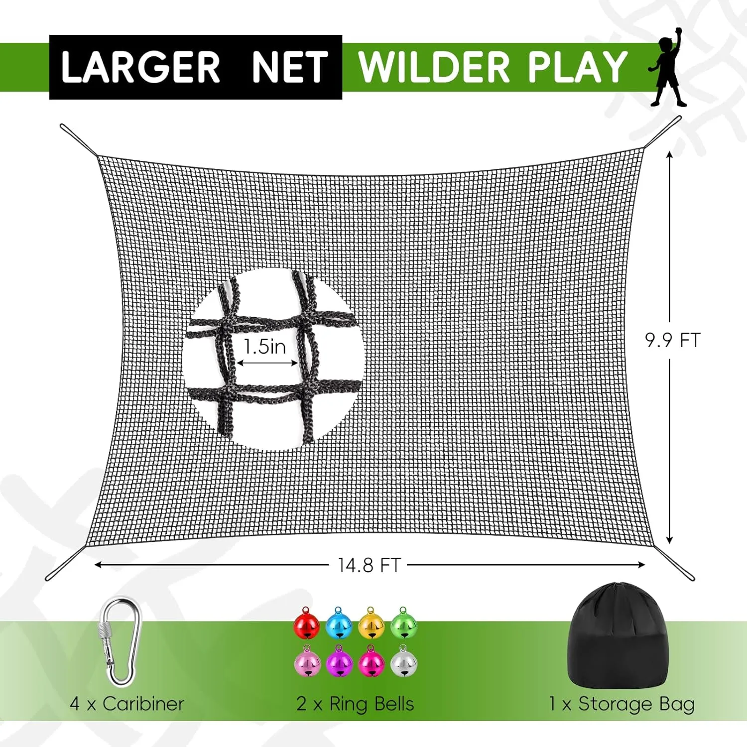 Double Layers Climbing Cargo Net - 9.9FT x 14.8FT Heavy Duty Playground Safety Net for Kids Backyard, Tree Fort & Jungle Gyms | Treehouse Accessories with Storage Bag & Carabiners (Black)
