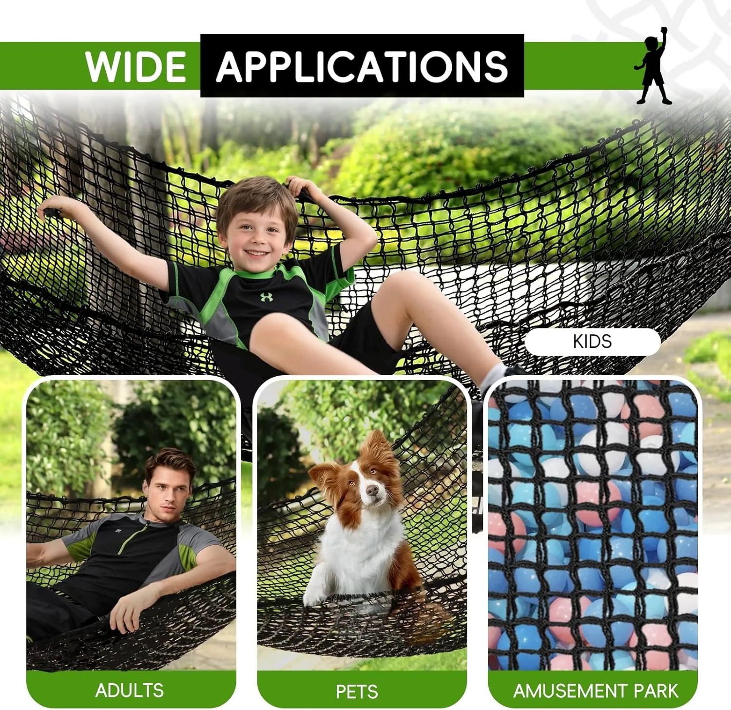 Double Layers Climbing Cargo Net - 9.9FT x 14.8FT Heavy Duty Playground Safety Net for Kids Backyard, Tree Fort & Jungle Gyms | Treehouse Accessories with Storage Bag & Carabiners (Black)
