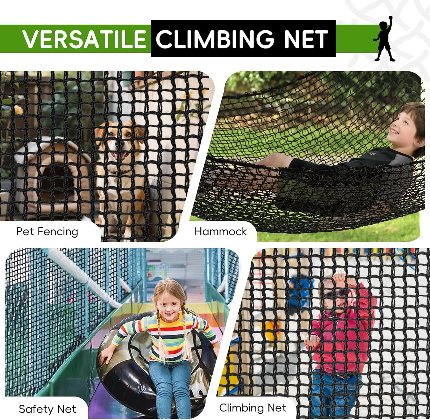 Double Layers Climbing Cargo Net - 9.9FT x 14.8FT Heavy Duty Playground Safety Net for Kids Backyard, Tree Fort & Jungle Gyms | Treehouse Accessories with Storage Bag & Carabiners (Black)