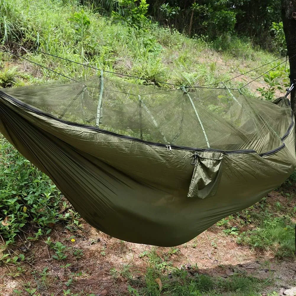 Double Person Camping Hammock with Mosquito Net Lightweight Strong Nylon Spinning for Outdoor Garden Jungle (Green)