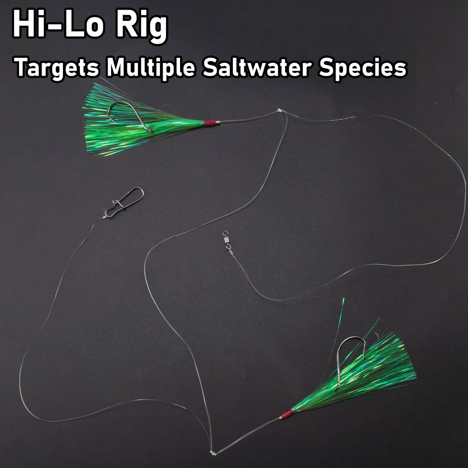 Dr.Fish 10 Pack Flounder Rigs Hi-Lo Rig 3.4ft/30LB, Offset Octopus Hook Surf Fishing Saltwater Rigs Mylar Flash Teaser Rig Striper Fluke Snapper Mono Offshore Inshore