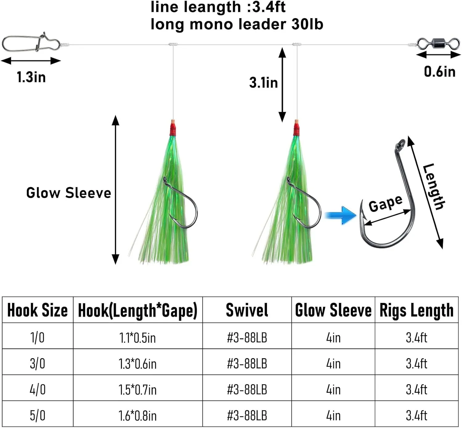 Dr.Fish 10 Pack Flounder Rigs Hi-Lo Rig 3.4ft/30LB, Offset Octopus Hook Surf Fishing Saltwater Rigs Mylar Flash Teaser Rig Striper Fluke Snapper Mono Offshore Inshore