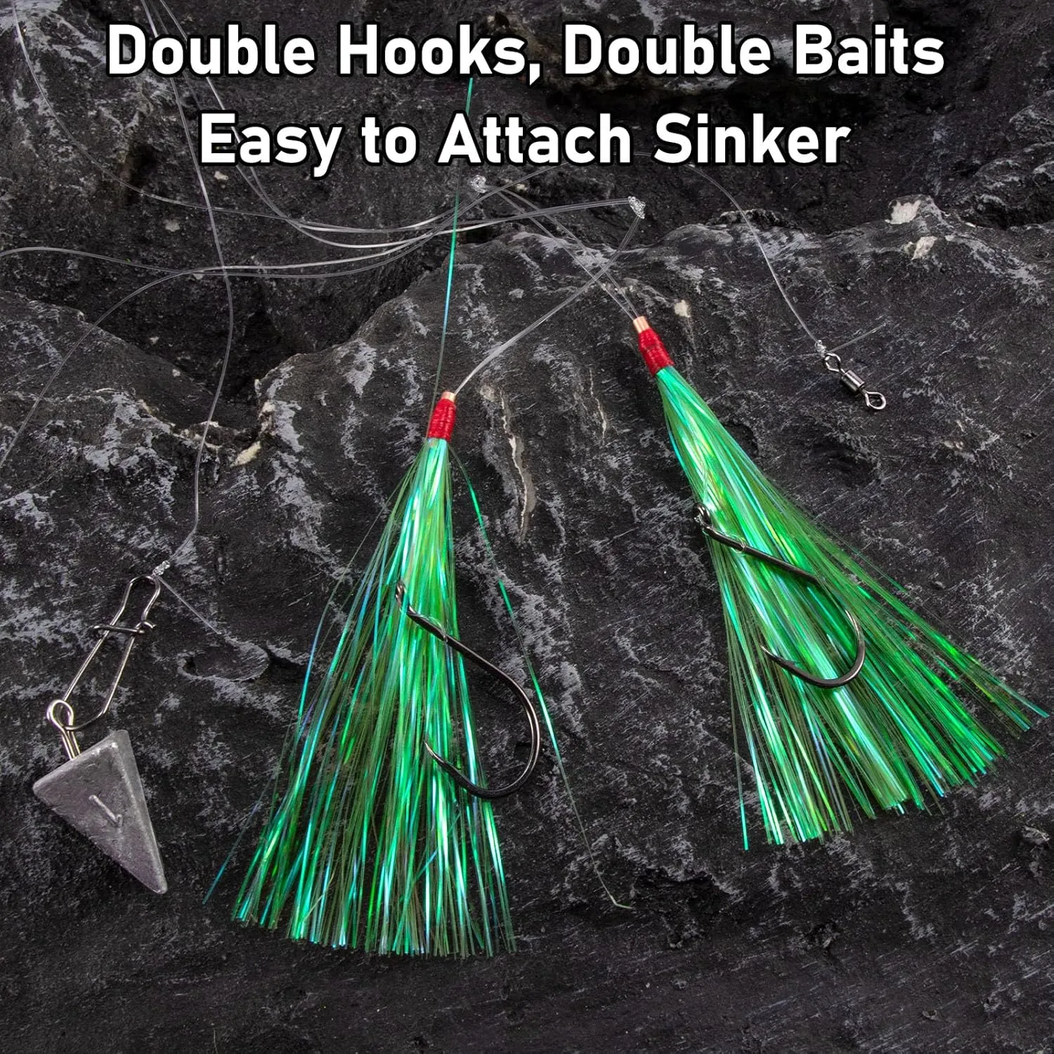 Dr.Fish 10 Pack Flounder Rigs Hi-Lo Rig 3.4ft/30LB, Offset Octopus Hook Surf Fishing Saltwater Rigs Mylar Flash Teaser Rig Striper Fluke Snapper Mono Offshore Inshore