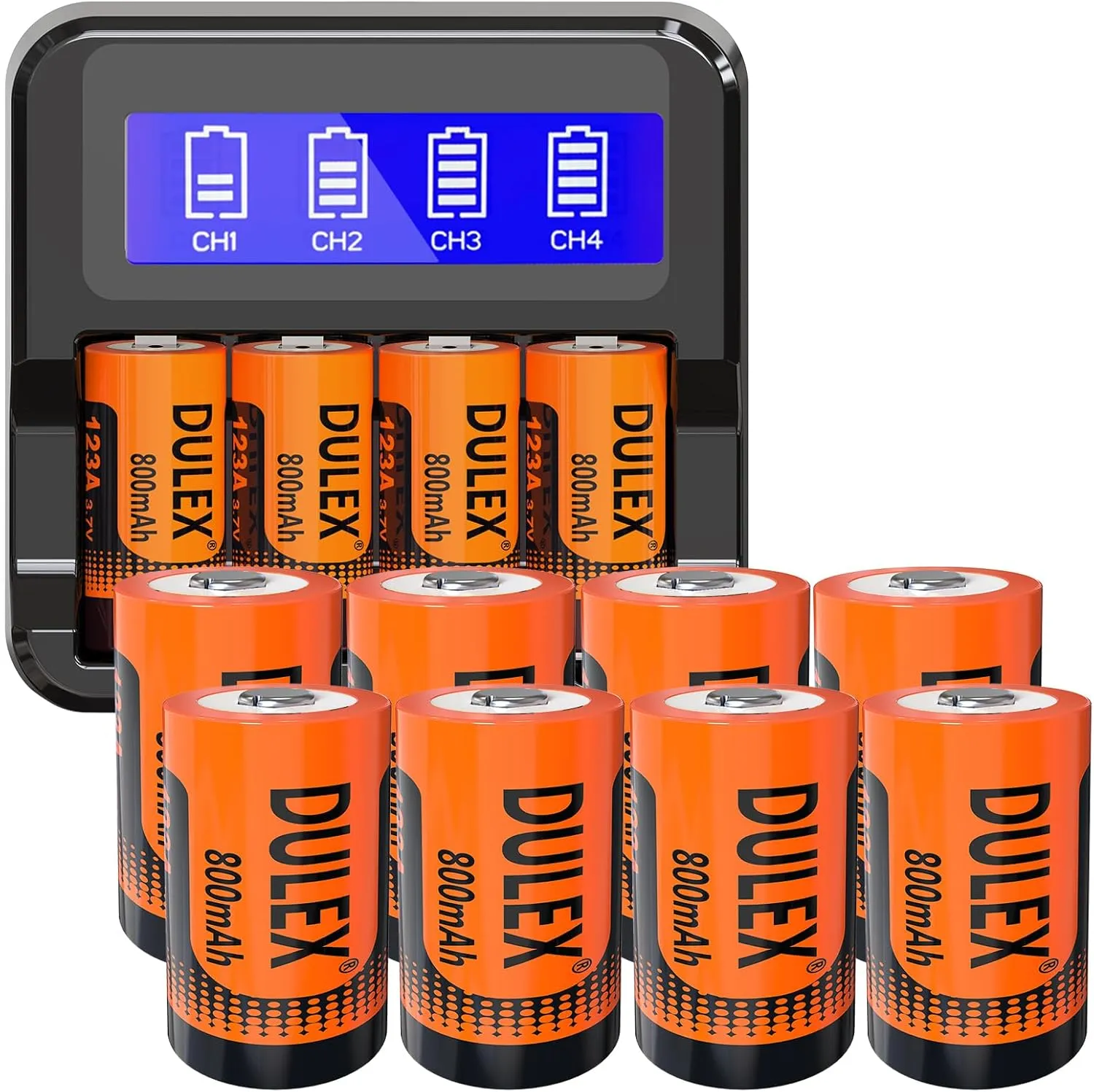 DULEX 12-Pack 123A Rechargeable Batteries Replacement CR123A lithium Batteries and Charger Compatible with Arlo VMS3130 VMC3030 3200 3330 3430 3530 Security Cameras, Alarm System, Flashlight