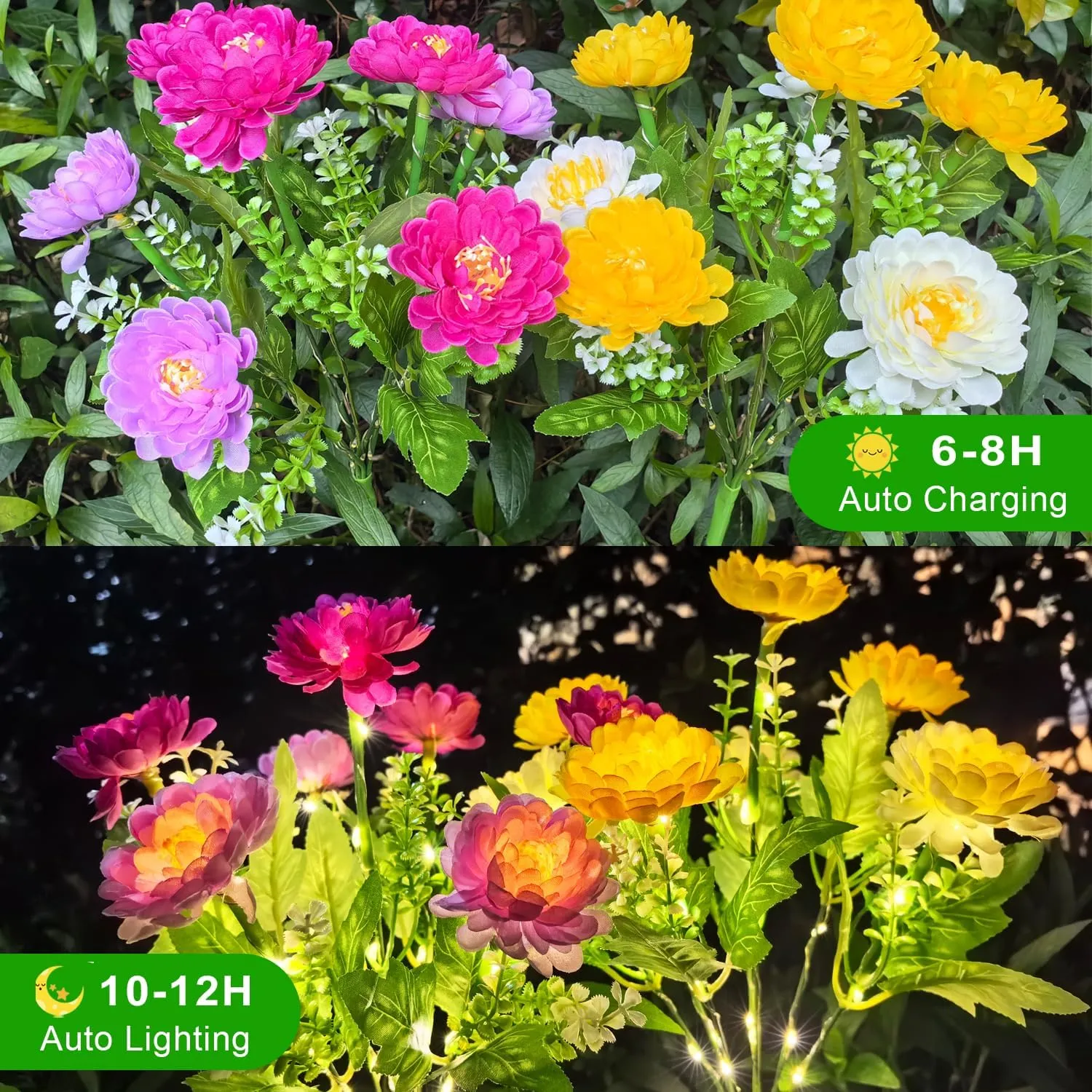 DUODEAN Solar Flowers Lights, 2 Pack Solar-Powered Outdoor Light with 14 Blooming Flowers, Waterproof Lights for Outside Yard, Garden, Pathway, Walkway, Patio, Lawn, Cemetery, Grave Decor