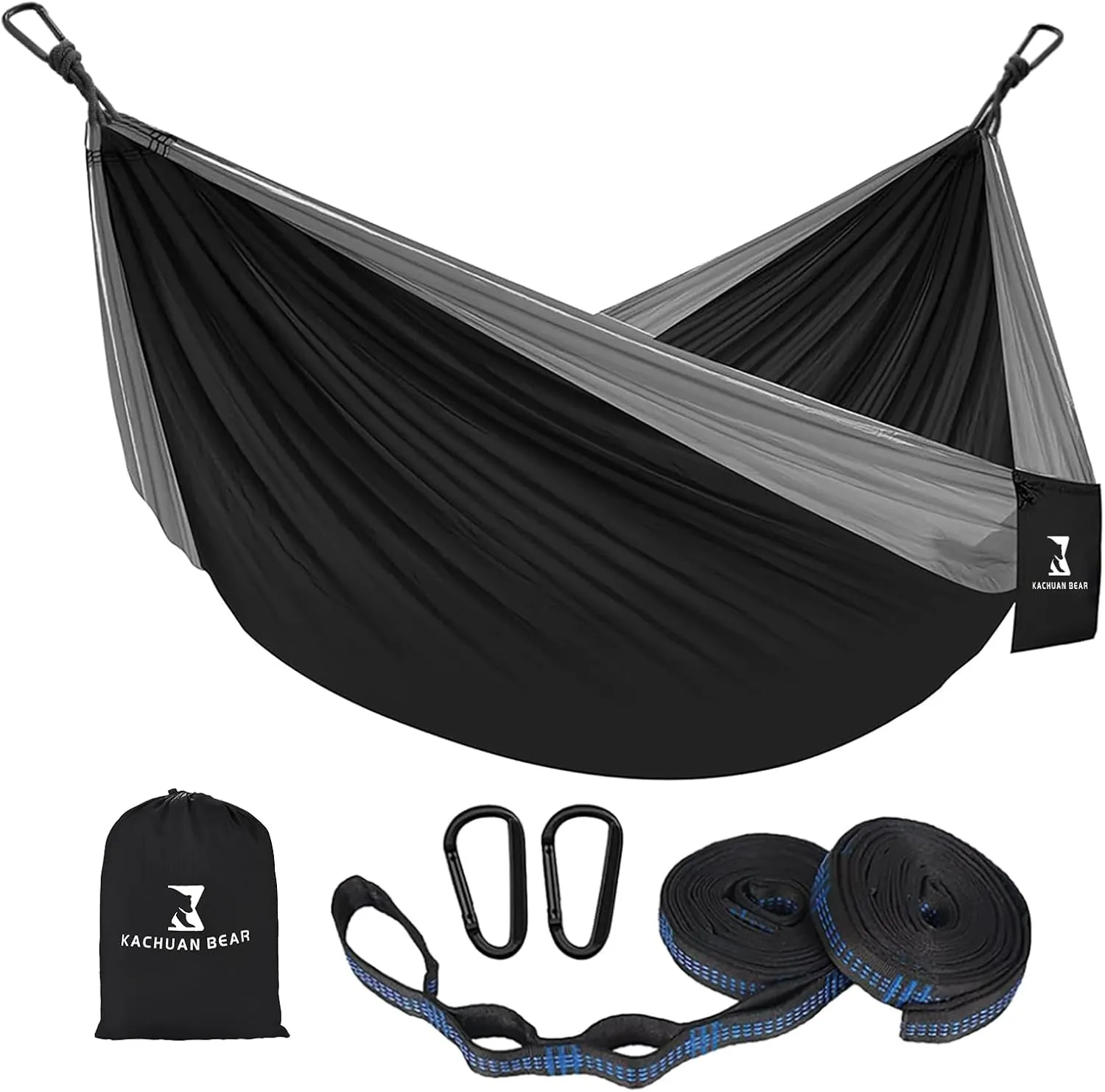 Durable Hammock 400 lb Capacity, Nylon Camping Hammock Chair - Single Sizes w/Tree Straps and Attached Carry Bag - Portable for Travel/Backpacking/Beach/Backyard (Black & Light Blue)