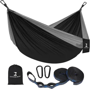 Durable Hammock 400 lb Capacity, Nylon Camping Hammock Chair - Single Sizes w/Tree Straps and Attached Carry Bag - Portable for Travel/Backpacking/Beach/Backyard (Black & Light Blue)
