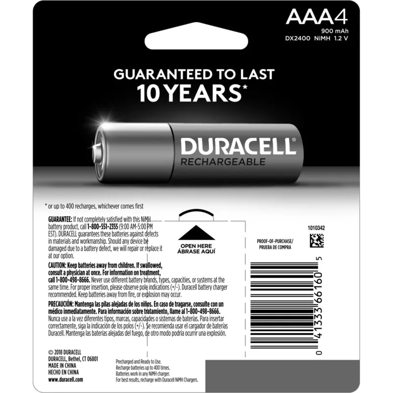 Duracell NiMH AAA 1.2 V 850 Ah Rechargeable Battery DCNLAAA4BCD 4 pk