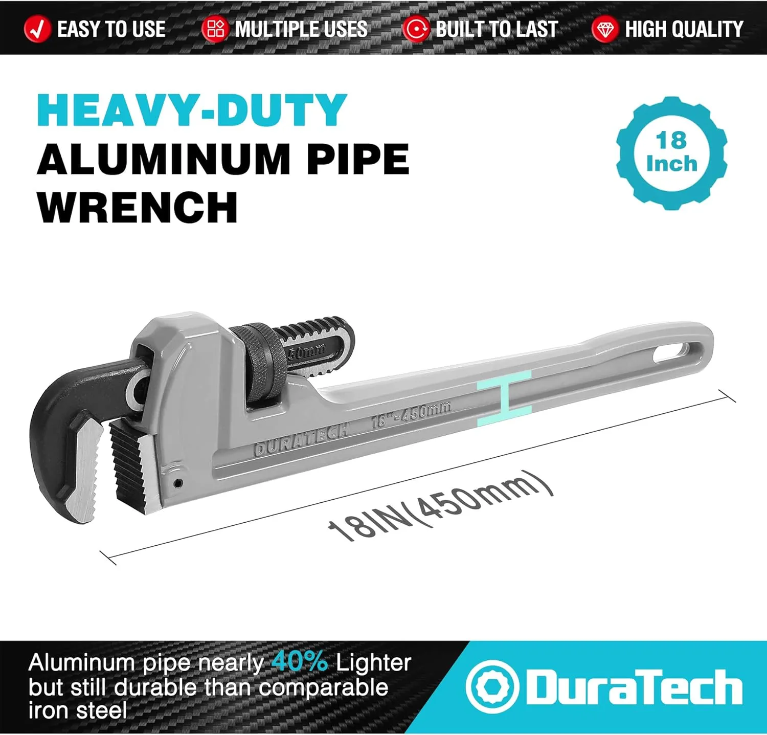 DURATECH 18-inch Heavy Duty Aluminum Straight Pipe Wrench, Adjustable Plumbing Wrench, Drop Forged, Exceed GGG standard