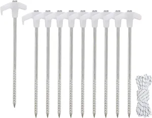 EAGLE PEAK Heavy Duty Galvanized Non-Rust Camping Tent Stakes with 4x10ft Ropes, Steel Stake Pegs for Canopy Gazebo,10pc-Pack, Fluorescent White
