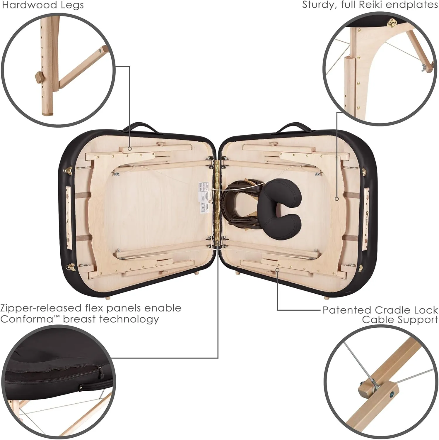 EARTHLITE Portable Massage Table INFINITY – Greater Client Access, Unique Shape, 3” Triple Density Foam, Flex-Rest Face Cradle, Carry Case (Full Reiki)